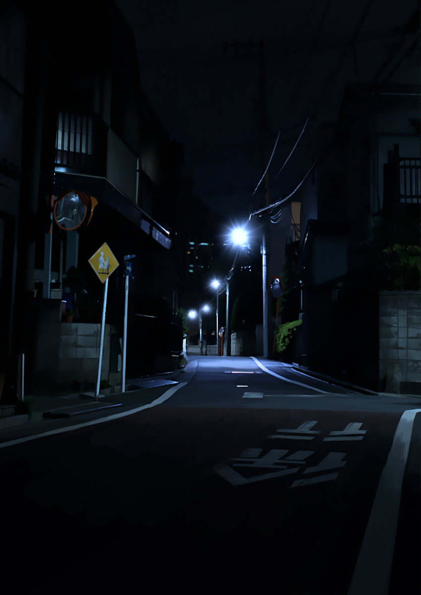 1girl absurdres aqua_hair black_sleeves building commentary detached_sleeves grey_shirt hatsune_miku highres horror_(theme) kinosuke_(pattaba) lamppost long_hair looking_at_viewer mirror night outdoors power_lines reflection road road_sign shirt sign sleeveless sleeveless_shirt solo standing street twintails urban very_long_hair vocaloid when_you_see_it wide_shot
