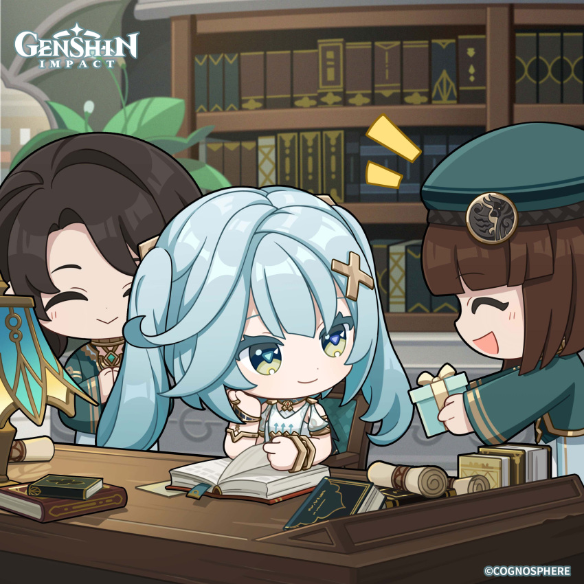 3girls absurdres aqua_hair black_hair blunt_bangs book bookshelf box brown_hair chair chibi closed_eyes closed_mouth commentary copyright_name desk dot_nose english_commentary faruzan_(genshin_impact) genshin_impact gift gift_box hair_ornament hand_up hat hat_ornament highres holding holding_gift indoors jewelry lamp light_smile long_hair long_sleeves looking_at_another multiple_girls official_art on_chair open_book open_mouth parted_bangs ring scroll sitting standing symbol-shaped_pupils x_hair_ornament
