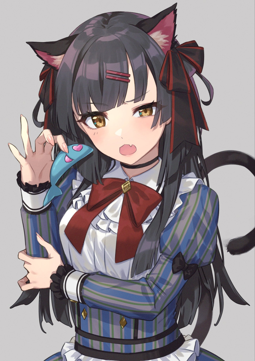 1girl animal_ears black_choker black_hair black_ribbon blunt_bangs blush bow bowtie breasts brown_eyes cat_ears cat_tail choker dot_nose dress fake_animal_ears fake_tail fang frilled_dress frills grey_background hair_bow hair_ornament hair_ribbon hairclip hands_up highres holding holding_own_arm holding_stuffed_toy idolmaster idolmaster_shiny_colors long_hair long_sleeves looking_at_viewer mayuzumi_fuyuko medium_breasts multicolored_clothes multicolored_dress nail_polish open_mouth pink_nails puffy_long_sleeves puffy_sleeves red_bow red_bowtie ribbon simple_background skin_fang solo striped striped_dress stuffed_animal stuffed_fish stuffed_toy tail talaloco two_side_up upper_body