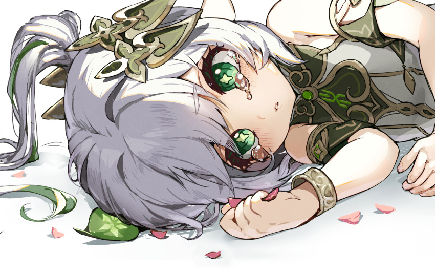 1girl blush crying crying_with_eyes_open detached_sleeves dress genshin_impact green_eyes green_hair green_sleeves grey_hair hair_ornament highres long_hair lying multicolored_hair nahida_(genshin_impact) on_side parted_lips petals pointy_ears ponytail side_ponytail simple_background sleeveless sleeveless_dress solo tears white_background white_hair yoruhachi