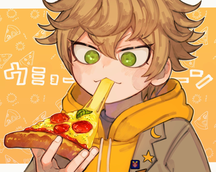 1boy blush_stickers brown_hair cheese_trail desuhiko_thunderbolt eating food green_eyes hair_between_eyes highres holding holding_food holding_pizza hood hood_down hoodie jacket male_focus master_detective_archives:_rain_code natto_rain pizza pizza_slice simple_background solo spiky_hair upper_body