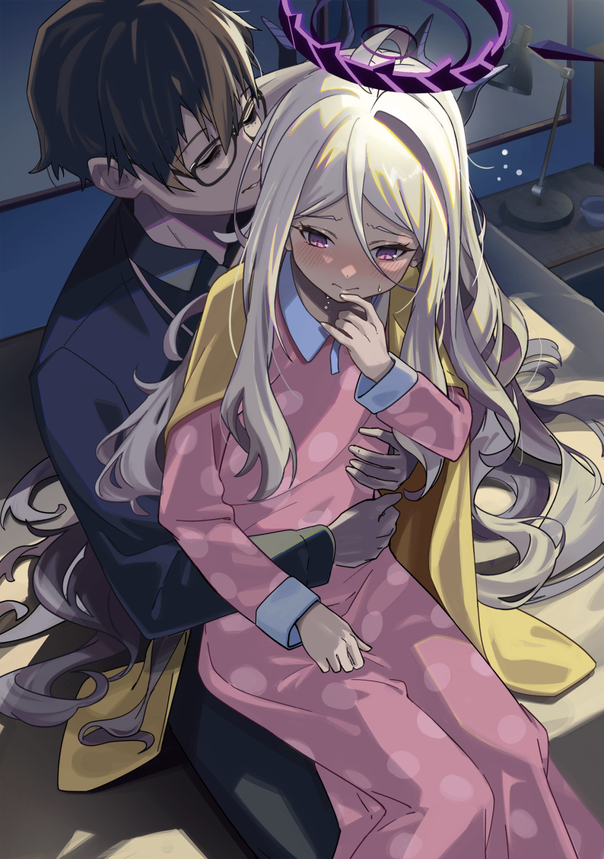 1boy 1girl 3: ahoge bed bed_sheet bedroom black_hair blue_archive blush business_casual cardigan cardigan_on_shoulders collarbone commentary_request demon_girl demon_horns embarrassed glasses grey_necktie grey_pants hair_between_eyes halo highres hina_(blue_archive) horns hug hug_from_behind indoors lanyard long_hair long_sleeves looking_at_another looking_back necktie official_alternate_costume open_cardigan open_clothes pajamas pants parted_bangs parted_lips pink_pajamas polka_dot polka_dot_pajamas problem_solver_sensei_(blue_archive) sensei_(blue_archive) sidelocks sitting sitting_on_person suppa_(hagakuresuppa) sweatdrop violet_eyes wavy_hair white_hair yellow_cardigan