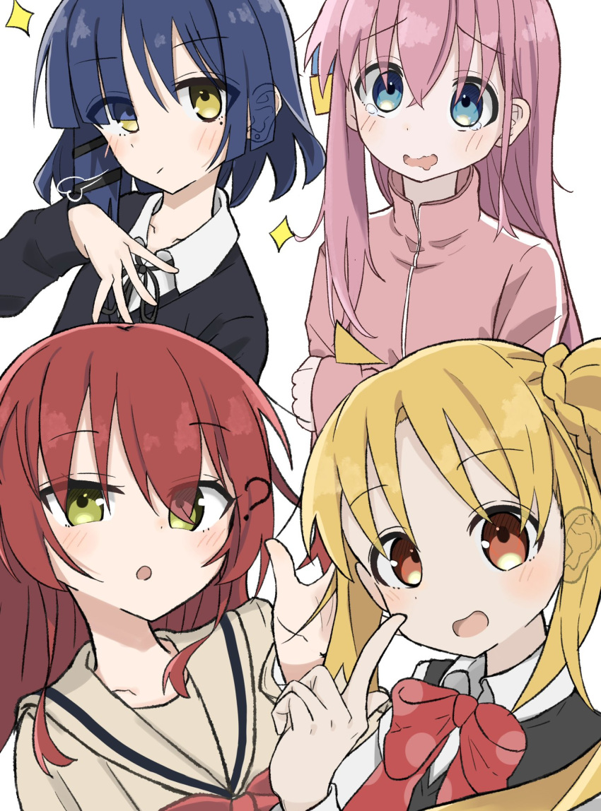 4girls ? aqua_eyes black_shirt blonde_hair blue_hair blush bocchi_the_rock! bow collared_shirt dark_blue_hair drooling gotoh_hitori green_eyes hand_on_own_chest highres holding_own_arm ijichi_nijika kita_ikuyo long_hair looking_at_viewer mouth_drool multiple_girls open_mouth orange_eyes pigbone_cafe pink_hair pink_track_suit pointing pointing_at_self red_bow redhead sailor_collar sailor_shirt shirt short_hair simple_background sparkle spread_fingers tongue track_suit white_background yamada_ryo yellow_eyes