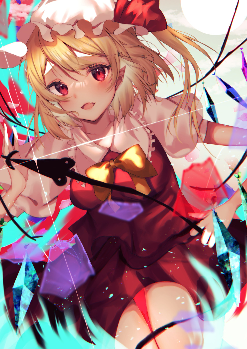 1girl absurdres bad_arm bad_hands blonde_hair bow bowtie breasts collared_shirt crystal fang flandre_scarlet frilled_shirt_collar frills hat highres holding holding_polearm holding_weapon medium_breasts medium_hair mob_cap multicolored_wings open_mouth pointy_ears polearm puffy_short_sleeves puffy_sleeves red_eyes red_ribbon red_skirt red_vest ribbon ribbon-trimmed_headwear ribbon_trim shirt short_sleeves simple_background skin_fang skirt skirt_set solo toho_sweet touhou vest weapon white_background white_headwear white_shirt wings yellow_bow yellow_bowtie