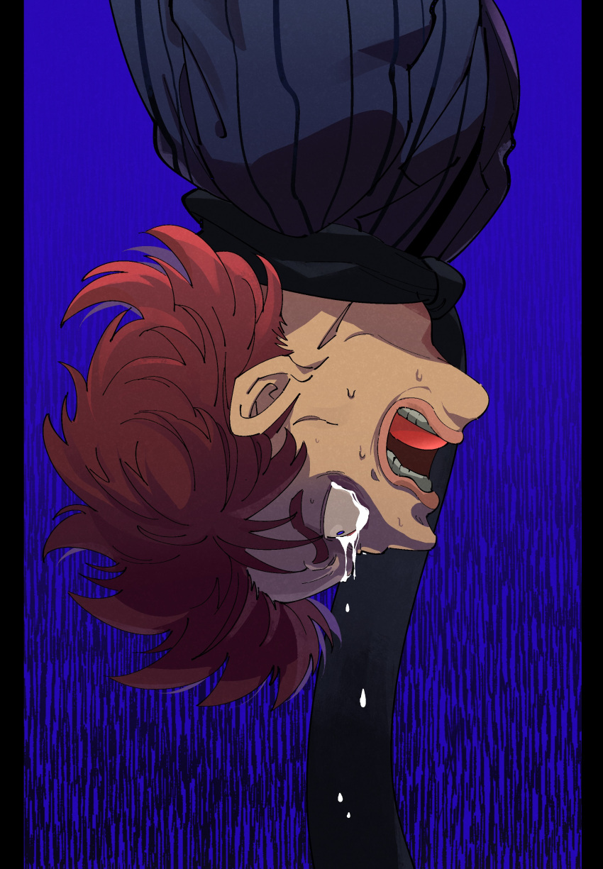 1boy absurdres black_scarf brown_hair commentary_request crying crying_with_eyes_open falling grey_jacket highres hyoudou_kazuya inudori jacket kaiji lips male_focus open_mouth pillarboxed purple_background scared scarf short_hair solo tears teeth upper_body upside-down