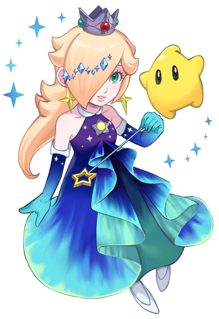 1girl absurdres bare_shoulders blonde_hair blue_eyes brooch crown dress earrings elbow_gloves full_body gloves gradient_dress hair_over_one_eye highres holding holding_wand jewelry long_hair looking_at_viewer luma_(mario) mario_kart mario_kart_tour multicolored_clothes multicolored_dress official_alternate_costume parted_lips rosalina rosalina_(aurora) sasaki_sakiko star_(symbol) star_brooch star_earrings super_mario_bros. wand white_background white_footwear