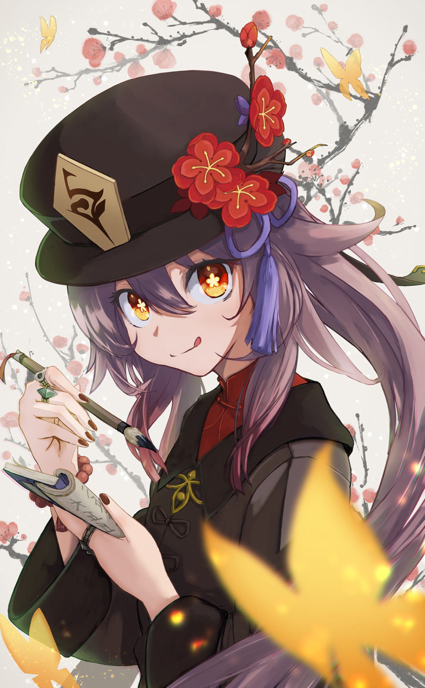 1girl :p black_coat black_headwear black_nails blurry brown_hair calligraphy_brush closed_mouth coat depth_of_field flower flower-shaped_pupils genshin_impact goemon_cc2 hair_between_eyes hat hat_flower hat_tassel highres holding holding_brush holding_notebook hu_tao_(genshin_impact) jewelry long_hair long_sleeves looking_at_viewer multiple_rings notebook orange_eyes paintbrush ring solo symbol-shaped_pupils tongue tongue_out twintails upper_body white_background