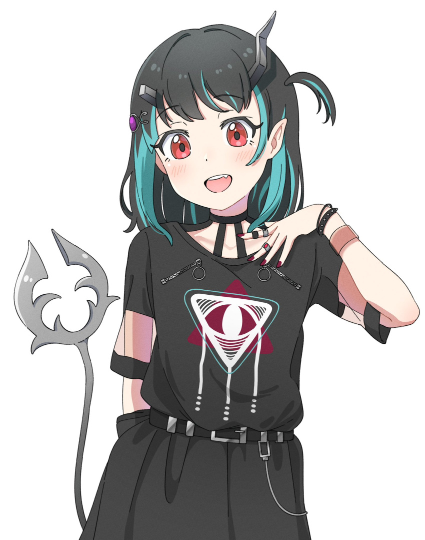 1girl belt black_belt black_dress black_hair blue_hair blush commentary cowboy_shot demon_girl demon_horns demon_tail dress eye_hair_ornament eye_of_providence fingernails flat_chest highres horns ikacho_(_ika_cho) jewelry looking_at_viewer medium_bangs medium_hair multicolored_hair nanashi_inc. official_alternate_costume one_side_up open_mouth pointy_ears red_eyes red_nails ring shishio_chris shishio_chris_(3rd_costume) short_sleeves simple_background smile solo tail two-tone_hair virtual_youtuber white_background wristband