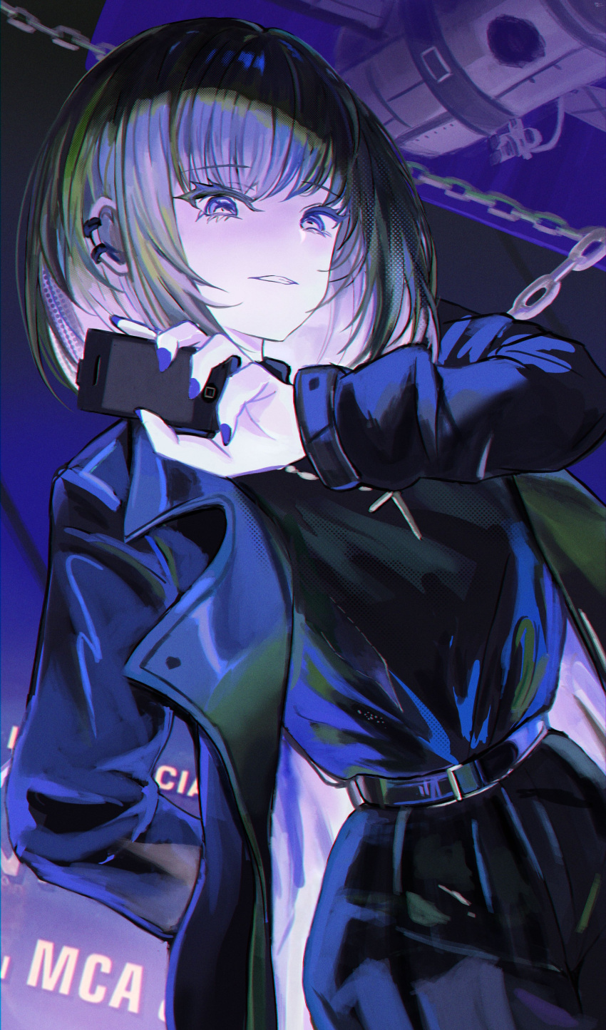 1girl absurdres arm_behind_back belt_buckle blue_eyes blue_jacket bob_cut buckle cellphone chain cross cross_necklace earrings highres holding holding_phone jacket jewelry looking_at_viewer nail_polish necklace original phone solar_panel solo_focus space_station trench_coat turtleneck yato_(yama0x1)