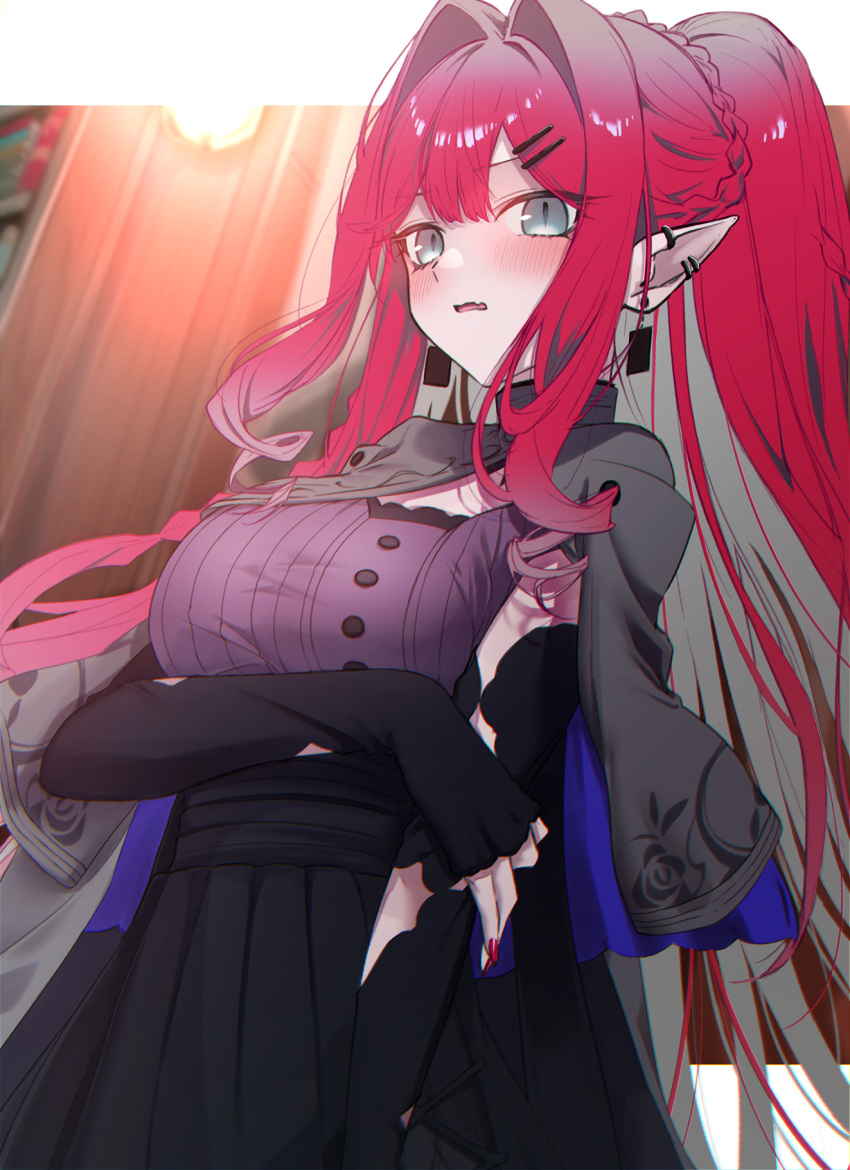 1girl arm_at_side arm_under_breasts baobhan_sith_(fate) baobhan_sith_(swimsuit_pretender)_(fate) black_skirt black_sleeves blush braid buttons capelet cowboy_shot detached_sleeves ear_piercing earrings fang fate/grand_order fate_(series) grey_capelet grey_eyes hair_intakes hair_ornament hairclip highres holding_own_arm indoors jewelry kpaoi lamp long_hair looking_at_viewer multicolored_hair nail_polish no_eyewear open_mouth piercing pink_hair pleated_skirt pointy_ears ponytail purple_shirt red_nails ribbed_shirt shirt skin_fang skirt sleeveless sleeveless_shirt slit_pupils solo two-sided_capelet two-tone_hair