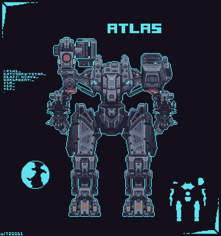animated animated_gif artist_request atlas_(battle_of_titans) autocannon battle_of_titans blue_outline cannon character_name dark_background globe highres holding holding_weapon mecha mechanical_arms mechanical_legs outline over_shoulder pixel_art robot science_fiction terminal user_interface walker weapon weapon_over_shoulder