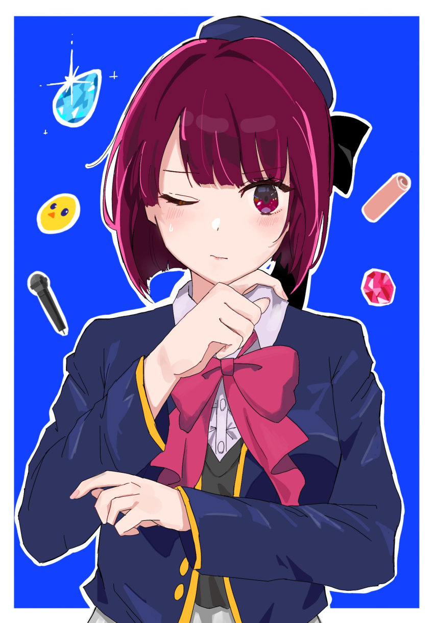 1girl arima_kana beret black_vest blue_background blue_headwear blue_jacket blunt_bangs blush bob_cut border bow buttons closed_mouth collared_shirt commentary_request cropped_jacket hat highres jacket long_sleeves looking_at_viewer microphone okushiro one_eye_closed oshi_no_ko pink_bow pink_ribbon red_eyes redhead ribbon school_uniform shirt short_hair simple_background solo upper_body vest white_border white_shirt youtou_high_school_uniform