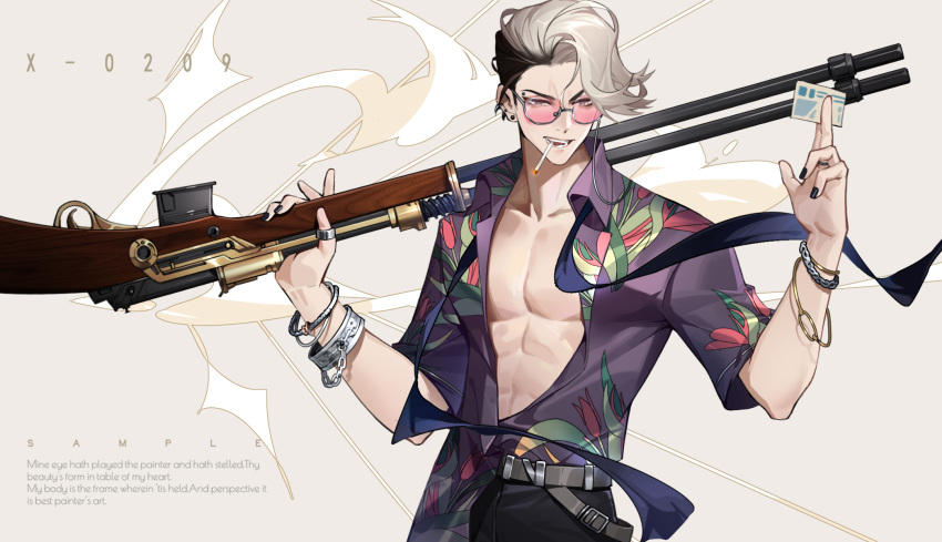 1boy :d abs bare_pectorals beishang_yutou belt black_hair black_nails black_necktie black_pants bracelet card cigarette ear_piercing earrings english_text eyebrow_piercing grey_background grey_belt grey_eyes gun hands_up highres holding holding_card holding_cigarette holding_gun holding_weapon jewelry looking_to_the_side male_focus mouth_hold multicolored_hair necktie over_shoulder pants partially_unbuttoned pavia_(reverse:1999) pectorals piercing pink-tinted_eyewear purple_shirt reverse:1999 rifle ring semi-rimless_eyewear shirt shirt_partially_tucked_in short_hair short_sleeves smile smoking solo split-color_hair stud_earrings sunglasses tinted_eyewear toned toned_male undone_necktie upper_body v-shaped_eyebrows weapon weapon_over_shoulder white_hair