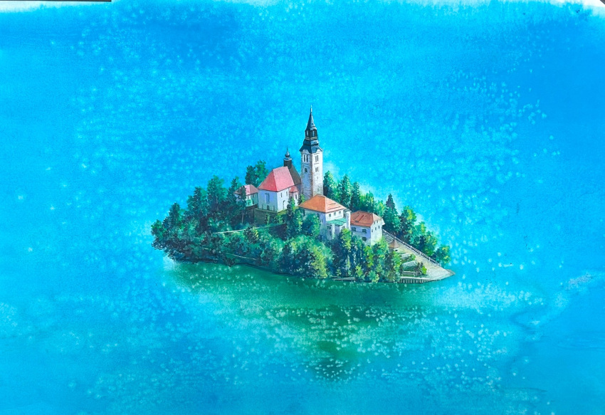 atsumori177 blue_background building highres house island lake no_humans original painting_(medium) scenery tower traditional_media tree water