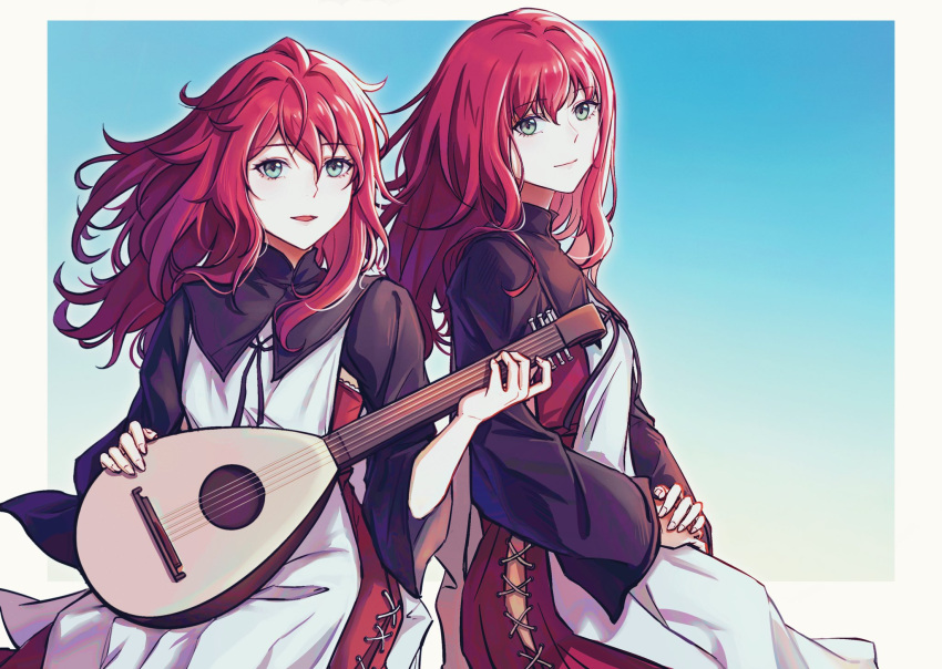 2girls border devola dress feet_out_of_frame green_eyes hand_on_hand hand_up highres holding_guitar ikooto111 long_hair long_sleeves multiple_girls nier nier_(series) parted_lips popola redhead siblings sitting smile twins white_border wide_sleeves wind