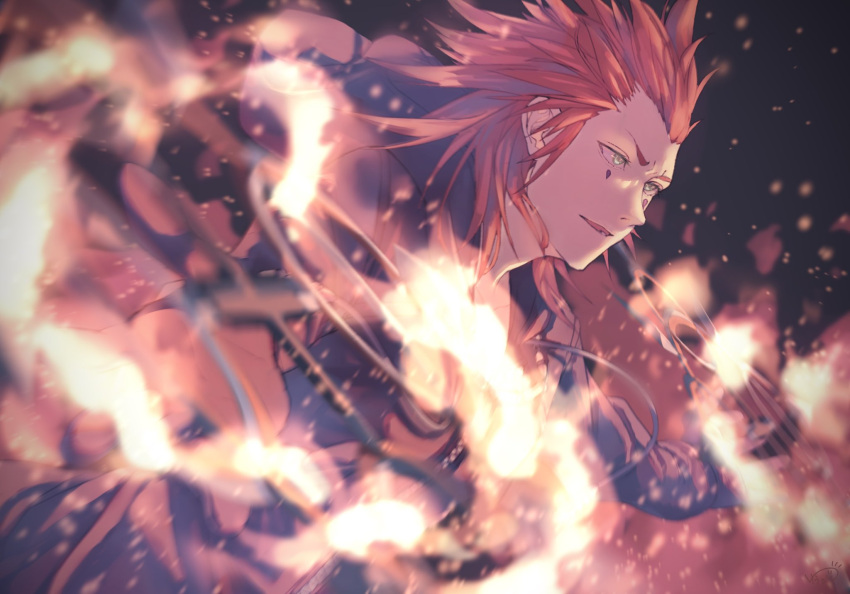 1boy axel_(kingdom_hearts) black_robe embers facial_mark facing_to_the_side fighting_stance fire furrowed_brow green_eyes hair_slicked_back highres kingdom_hearts kingdom_hearts_358/2_days long_hair male_focus parted_lips redhead robe short_eyebrows sideburns solo twilight_yuuhi upper_body