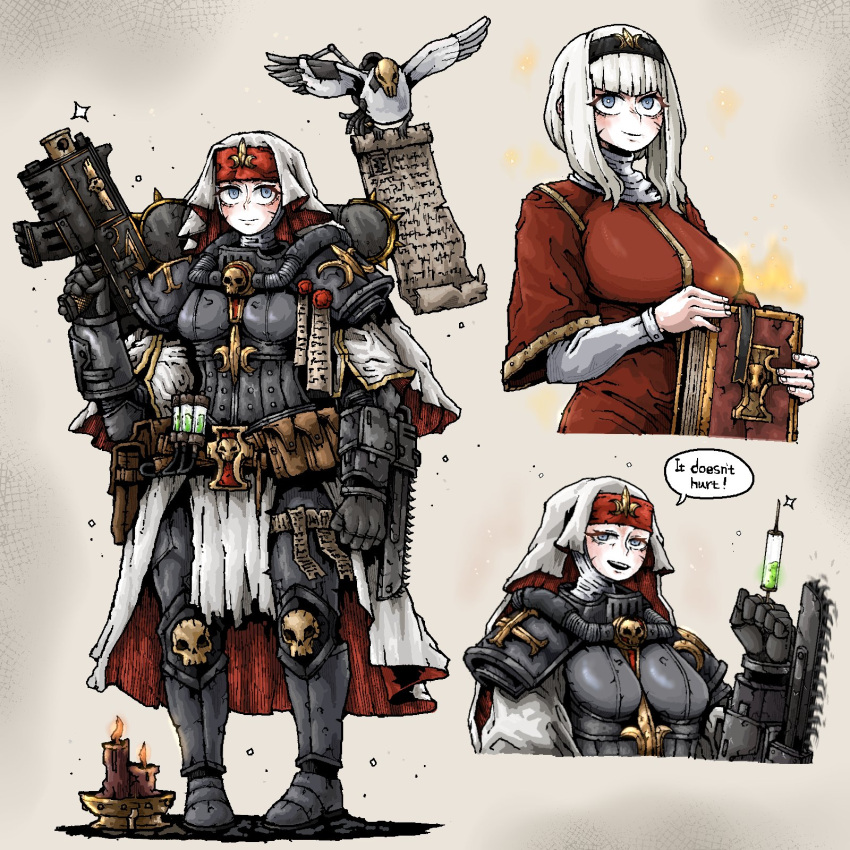 1girl adepta_sororitas bird bolter book breasts candle chainsaw chainsword ekfh4rnrqkq english_text grey_eyes habit highres large_breasts medic pigeon power_armor purity_seal robe scroll skirt skull solo syringe warhammer_40k weapon white_hair