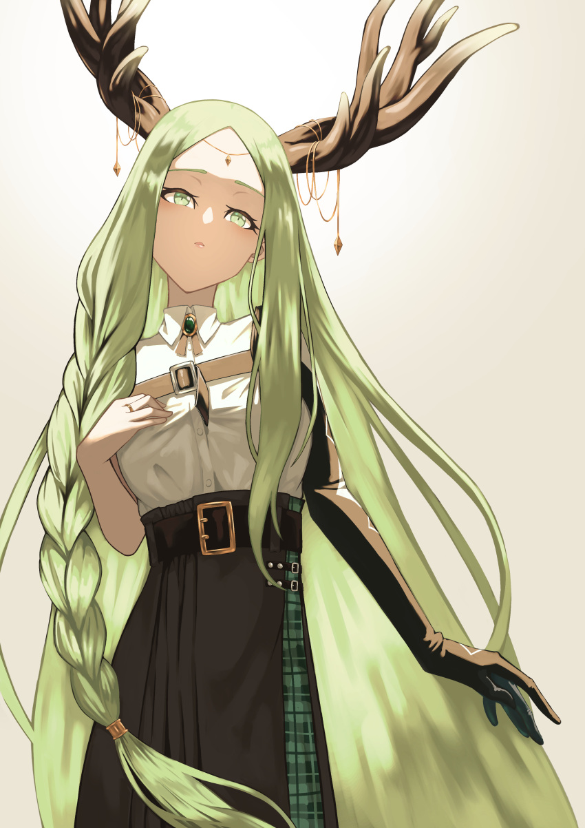 1girl absurdres amulet antlers arm_at_side belt black_gloves black_skirt braid brooch buttons chest_belt collared_shirt cowboy_shot dress_shirt elbow_gloves expressionless forehead gloves gradient_background green_eyes green_hair hand_on_own_chest hand_up high-waist_skirt highres jewelry long_hair looking_at_viewer original parted_bangs parted_lips ring shirt shirt_tucked_in simple_background single_braid single_elbow_glove skirt solo standing umeboshi_(ume_uru) very_long_hair white_shirt