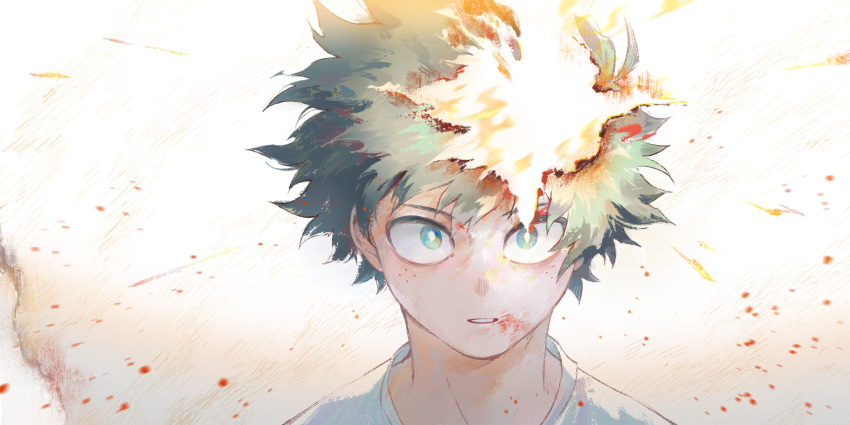 1boy absurdres aqua_eyes blood blood_on_face blue_shirt blurry blurry_foreground boku_no_hero_academia bright_pupils dried_blood film_grain freckles green_eyes green_hair highres looking_at_viewer male_focus midoriya_izuku multicolored_eyes parted_lips portrait rika_(rika_ktdk) serious shirt short_hair solo straight-on v-shaped_eyebrows white_background white_pupils