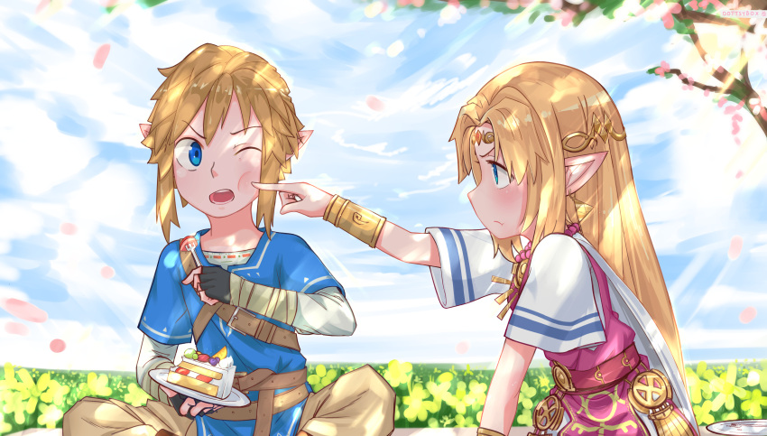 1boy 1girl absurdres blonde_hair blue_eyes bracelet branch cape cheek_poking circlet commentary english_commentary fingerless_gloves flower fork gloves highres holding holding_fork holding_plate in-franchise_crossover indian_style jewelry link maqinpu one_eye_closed open_mouth plate pointy_ears poking princess_zelda sitting the_legend_of_zelda the_legend_of_zelda:_a_link_between_worlds the_legend_of_zelda:_breath_of_the_wild white_cape