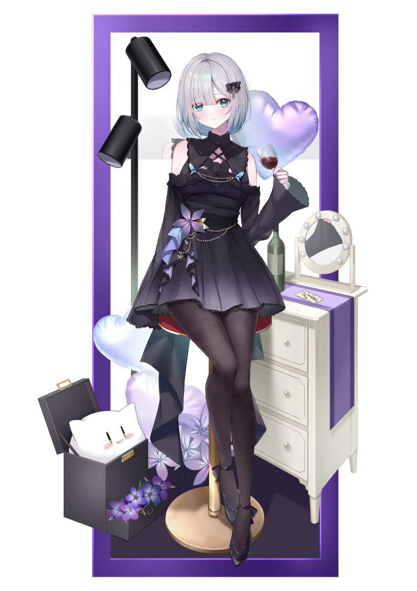 1girl absurdres bare_shoulders black_pantyhose black_ribbon blue_eyes blunt_bangs cup detached_sleeves dress flower flower_ornament gradient_dress grey_hair hair_between_eyes hair_ornament hair_ribbon hairclip high_heels highres holding holding_cup horo_27 kaga_sumire lace-trimmed_dress lace_trim long_sleeves looking_at_viewer lupinus_virtual_games pantyhose ribbon short_dress short_hair sitting solo virtual_youtuber vspo!