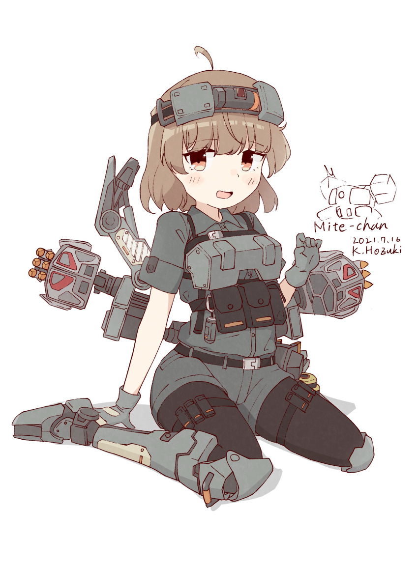 1girl :d absurdres ahoge ammunition_pouch armor armored_boots battle_of_titans belt belt_pouch black_pantyhose boots breastplate gloves headgear highres hozukikasumi knee_pads light_brown_hair mecha_musume mechanical_legs mechanical_parts missile_pod mite_(battle_of_titans) orange_eyes pantyhose personification petite plate_carrier pouch short_hair sitting smile solo thigh_pouch utility_belt wariza weapon white_background
