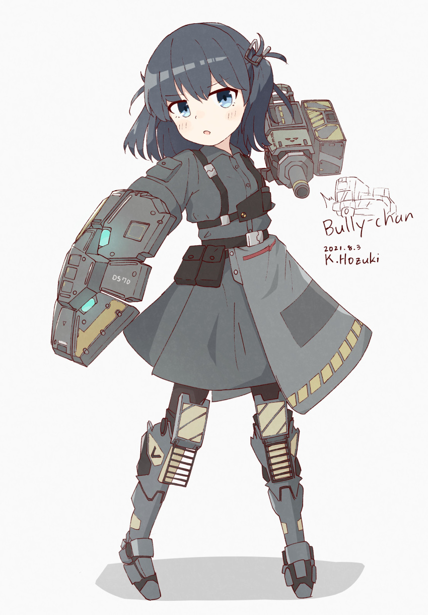 1girl absurdres ammunition_pouch armored_boots battle_of_titans belt black_hair black_thighhighs blue_eyes boots bully_(battle_of_titans) cannon hair_ornament highres holding holding_shield hozukikasumi mecha_musume mechanical_legs mechanical_parts military open_mouth personification pouch shield shirt short_twintails shoulder_cannon skirt solo standing t-shirt thigh-highs twintails utility_belt waist_cape weapon white_background
