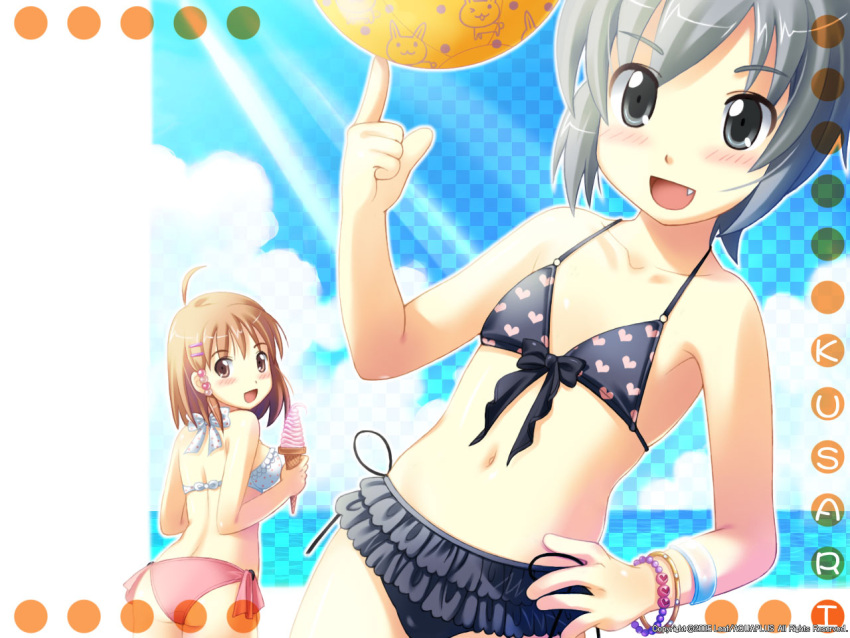 ass ayanobe_tamami bikini blush bracelet brown_eyes brown_hair fang flat_chest food frilled_bikini frills from_behind hair_ornament hairclip hand_on_hip ice_cream jewelry kusari looking_back orihara_akeno short_hair silver_eyes silver_hair swimsuit wallpaper