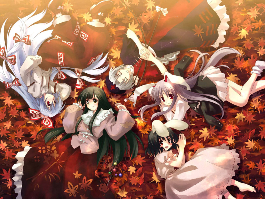 animal_ears arrow autumn barefoot black_hair blush bow bow_(weapon) branch brown_eyes bunny_ears closed_eyes dress everyone fujiwara_no_mokou hair_bow hand_in_pocket hat houraisan_kaguya inaba_tewi jeweled_branch_of_hourai leaf long_hair lying multiple_girls pants purple_hair red_eyes reisen_udongein_inaba short_hair silver_hair smile studio_sdt suspenders touhou very_long_hair wallpaper weapon yagokoro_eirin yuuki_tatsuya