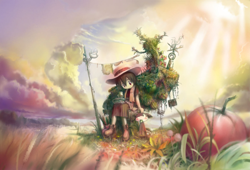 animal book bread brown_hair cloud food grass hat landscape nature original red_eyes scenery scenic sitting sky tomato traditional_media tsukushi_akihito weather_vane
