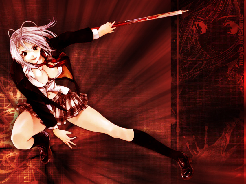 antenna_hair blazer blood breasts cleavage fighting_stance kneehighs large_breasts lipstick midriff natsume_maya navel oogure_ito open_clothes open_shirt photoshop polearm ribbon school_uniform shirt shoes silver_hair skirt smile socks solo spear tenjou_tenge wallpaper weapon