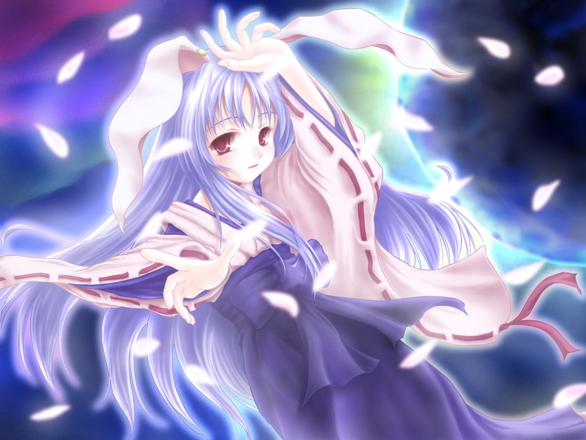 animal_ears bunny_ears highres japanese_clothes nabe_(violetwave) petals reisen_udongein_inaba solo touhou wallpaper