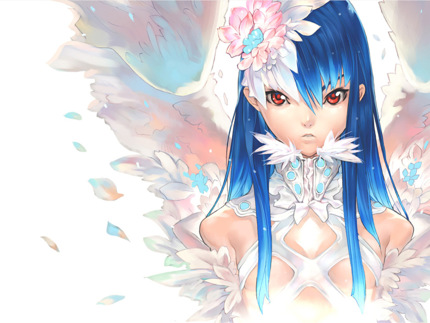 blue_hair flower hakua_ugetsu long_hair red_eyes wallpaper wings