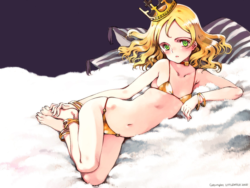 :o anklet barefoot bed bikini blonde_hair blush bracelet choker constantine_(little_witch_romanesque) cross crown feet flat_chest fur green_eyes hands_on_feet jewelry lying navel official_art on_side ooyari_ashito open_mouth pillow short_hair shoujo_mahou_gaku_little_witch_romanesque solo striped swimsuit toes wallpaper wavy_hair