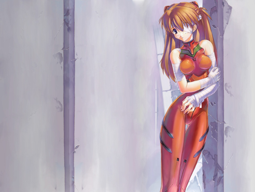 bandage gainax highres neon_genesis_evangelion orange_hair plugsuit souryuu_asuka_langley uchiu_kazuma wallpaper