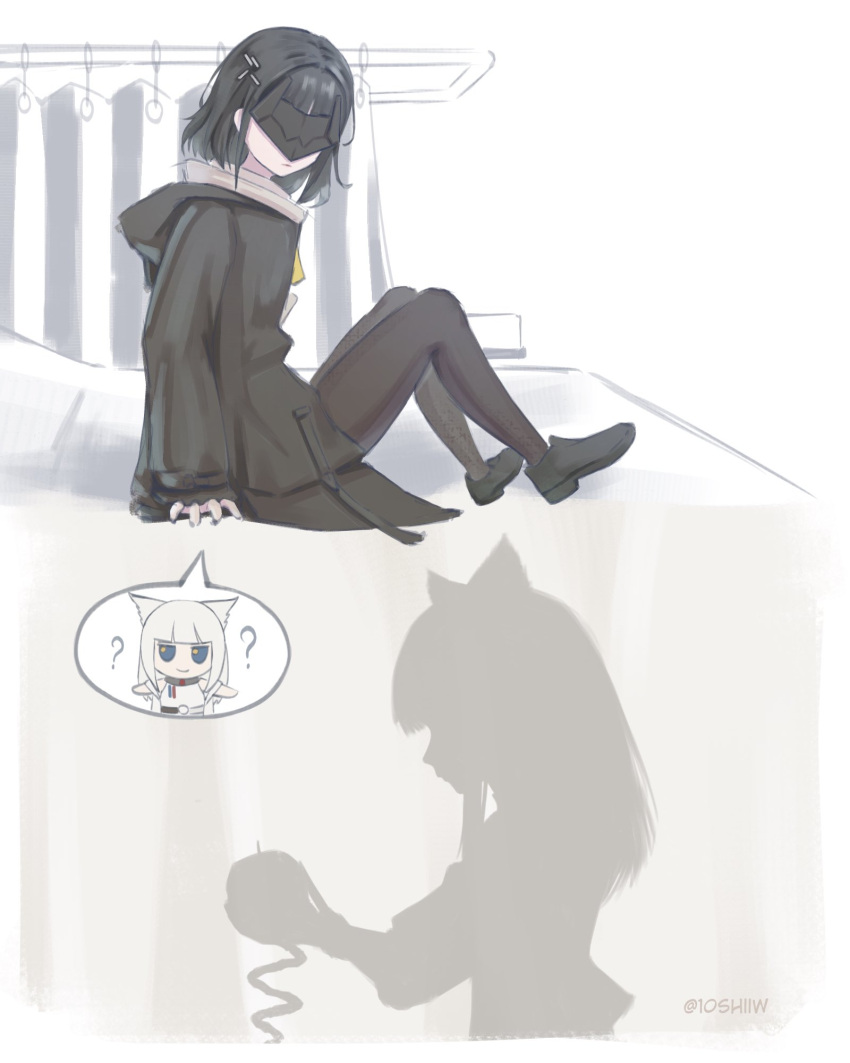 10_shii 2girls apple arknights arknights:_endfield artist_name bad_apple!! bed black_coat black_hair black_mask coat commentary curtains endministrator_(arknights) english_commentary eye_mask female_endministrator_(arknights) food fruit fumo_(doll) highres infirmary mask multiple_girls peeling perlica_(arknights) silhouette speech_bubble spoken_character touhou twitter_username