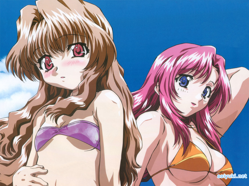 2girls arm_up bandeau bikini blue_eyes blush breasts brown_hair cleavage cloud embarrassed flat_chest kazami_mizuho kimishima_ikutomo large_breasts lipstick long_hair micro_bikini morino_ichigo multiple_girls official_art onegai_teacher onegai_twins outdoors pink_eyes pink_hair sideboob sky smile swimsuit underboob wallpaper watermark wavy_hair