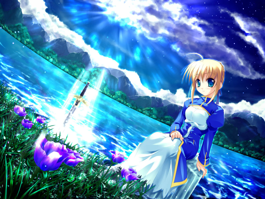 blonde_hair blue_eyes fate/stay_night fate_(series) flower nature onsokuzekuu saber scenery sword weapon