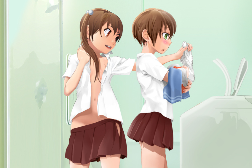 blush brother_and_sister brown_eyes brown_hair commentary crossdressinging green_eyes laundry male open_clothes open_mouth open_shirt original panties school_uniform shirt short_hair siblings skirt smile trap twintails underwear undressing washing_machine yuki18r