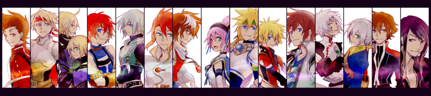 6+boys armor asbel_lhant bad_id black_hair blonde_hair braid brown_eyes brown_hair caius_qualls cless_alvein coat column_lineup crossed_arms dual_persona emil_castagnier green_eyes headband highres kanonno_earhart koku_666 kyle_dunamis lloyd_irving long_hair luke_fon_fabre messy_hair multicolored_hair multiple_boys pink_hair red_eyes red_hair rid_hershel ruca_milda sailor_collar senel_coolidge shing_meteoryte short_hair silver_hair single_braid smile stahn_aileron tales_of_(series) tales_of_destiny tales_of_destiny_2 tales_of_eternia tales_of_graces tales_of_hearts tales_of_innocence tales_of_legendia tales_of_phantasia tales_of_rebirth tales_of_symphonia tales_of_symphonia_knight_of_ratatosk tales_of_the_abyss tales_of_the_tempest tales_of_the_world_radiant_mythology_2 tales_of_vesperia two-tone_hair veigue_lungberg white_background white_hair yuri_lowell