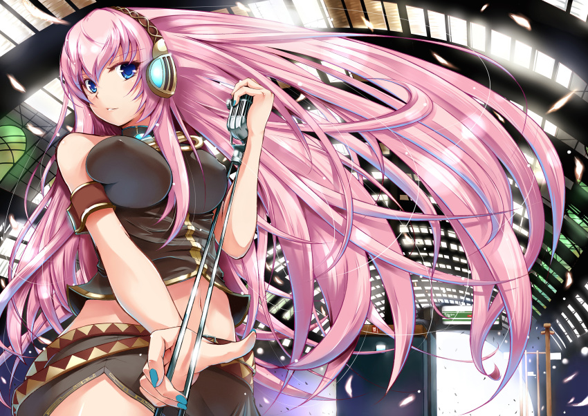 bare_shoulders blue_eyes headphones large_breasts megurine_luka microphone midriff nail_polish navel pink_hair skirt very_long_hair vocaloid