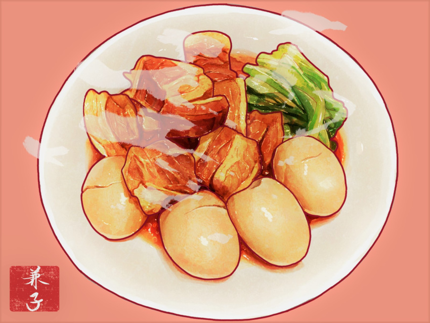 egg food food_focus hardboiled_egg highres kaneko_ryou meat no_humans original plate realistic sauce simple_background steam still_life vegetable