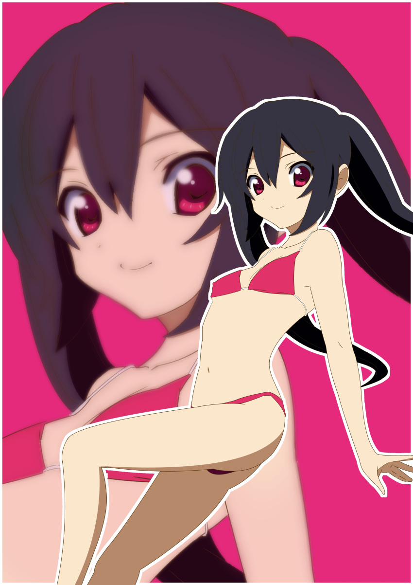 bad_id bikini black_hair borupikka highres k-on! long_hair nakano_azusa red_eyes solo swimsuit twintails zoom_layer