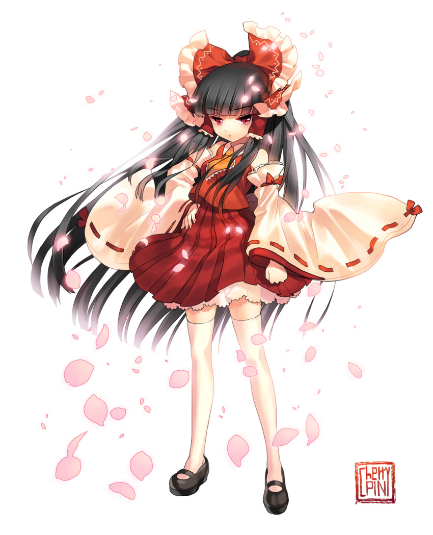 alternate_hairstyle bangs bare_shoulders black_hair blunt_bangs bow cherrypin detached_sleeves hair_bow hakurei_reimu hand_on_hip highres long_hair mary_janes necktie petals pleated_skirt red_eyes shoes skirt solo thigh-highs thighhighs touhou very_long_hair white_legwear wide_sleeves zettai_ryouiki