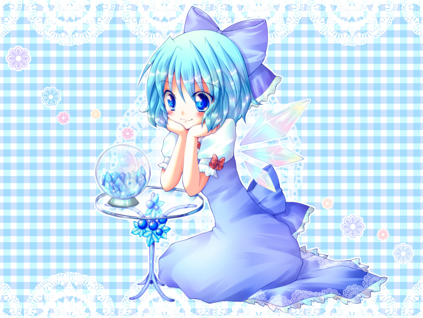 blue_hair blush bow checkered cirno flower hair_bow highres meiya_neon short_hair simple_background snow_globe touhou wings