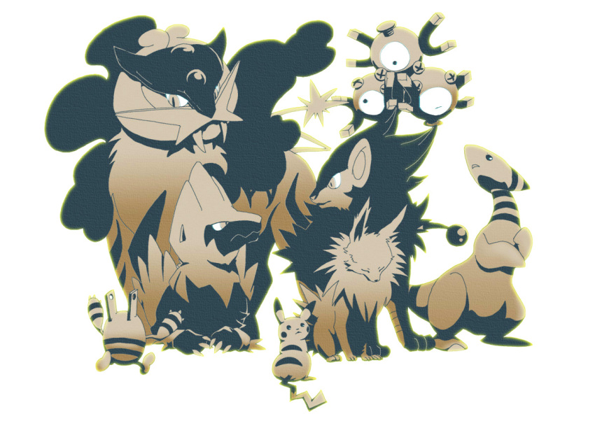 elekid jolteon luxray magneton manectric no_humans pikachu pokemon pokemon_(game) pokemon_dppt pokemon_gsc pokemon_rgby raikou simple_background yamori