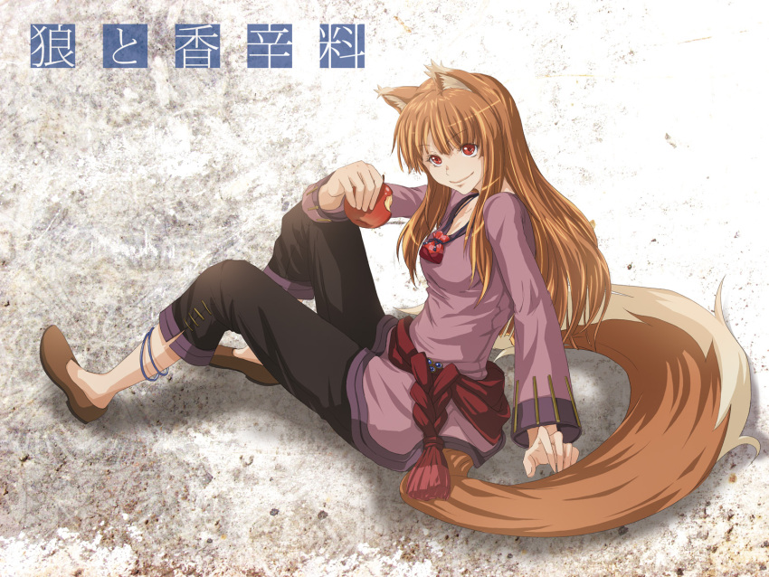 anklet apple brown_hair food fruit highres holo jewelry k2pudding red_eyes sitting solo spice_and_wolf tail wolf_ears wolf_tail