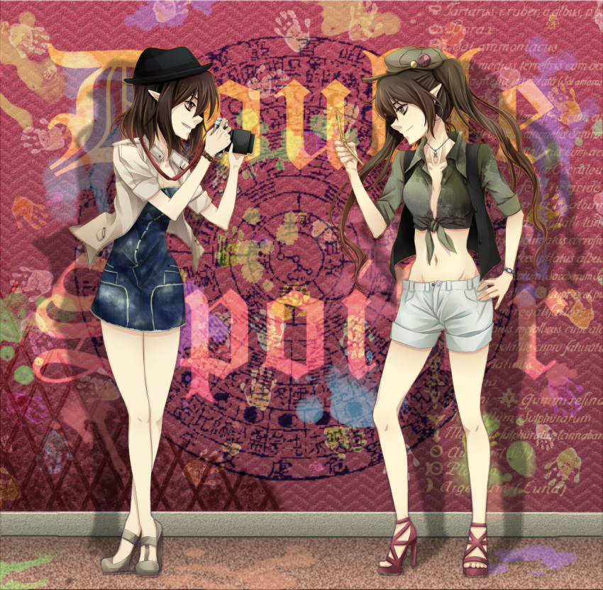 alternate_costume ankle_lace-up brown_eyes brown_hair camera cellphone contemporary cross-laced_footwear double_spoiler error front-tie_top hat high_heels highres himekaidou_hatate jewelry long_hair midriff multiple_girls navel necklace pclbang phone pointy_ears shameimaru_aya shoes short_hair short_pants shorts tied_shirt touhou twintails