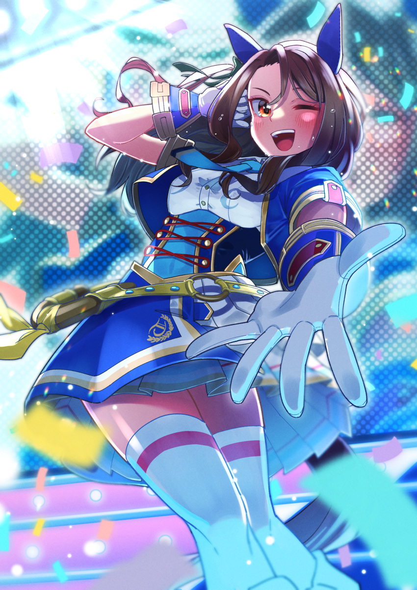 1girl absurdres animal_ears blue_jacket blue_necktie blush brown_hair cropped_jacket ear_covers freely2327 glorious_azure_costume_(umamusume) gloves hair_between_eyes hand_up highres horse_ears horse_girl idol jacket king_halo_(umamusume) long_hair necktie open_mouth reaching reaching_towards_viewer screen_zoom short_sleeves smile solo stage stage_lights teeth thigh-highs umamusume upper_teeth_only wavy_hair white_gloves white_thighhighs