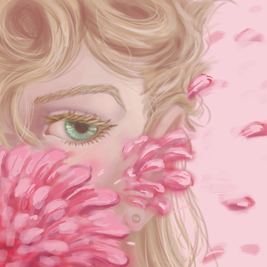 1boy blonde_hair colored_eyelashes flower giorno_giovanna green_eyes highres jojo_no_kimyou_na_bouken looking_to_the_side nuggetcryptid petals pink_background pink_flower vento_aureo